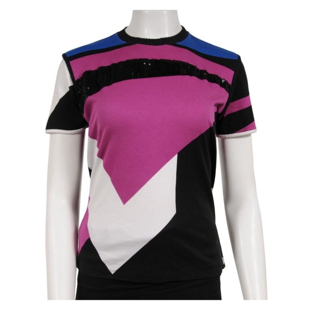 Louis Vuitton Women Sequin T Shirt Medium Cotton Black White Purple Short Sleeve